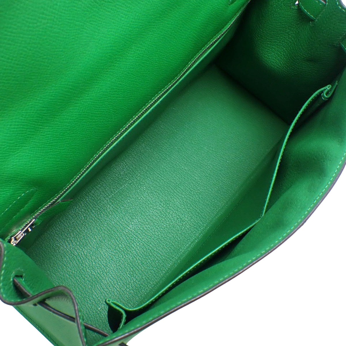 Kelly 32 (External Stitching) Epsom Leather, Palladium Hardware, Bamboo, Silver Hardware, R Stamp