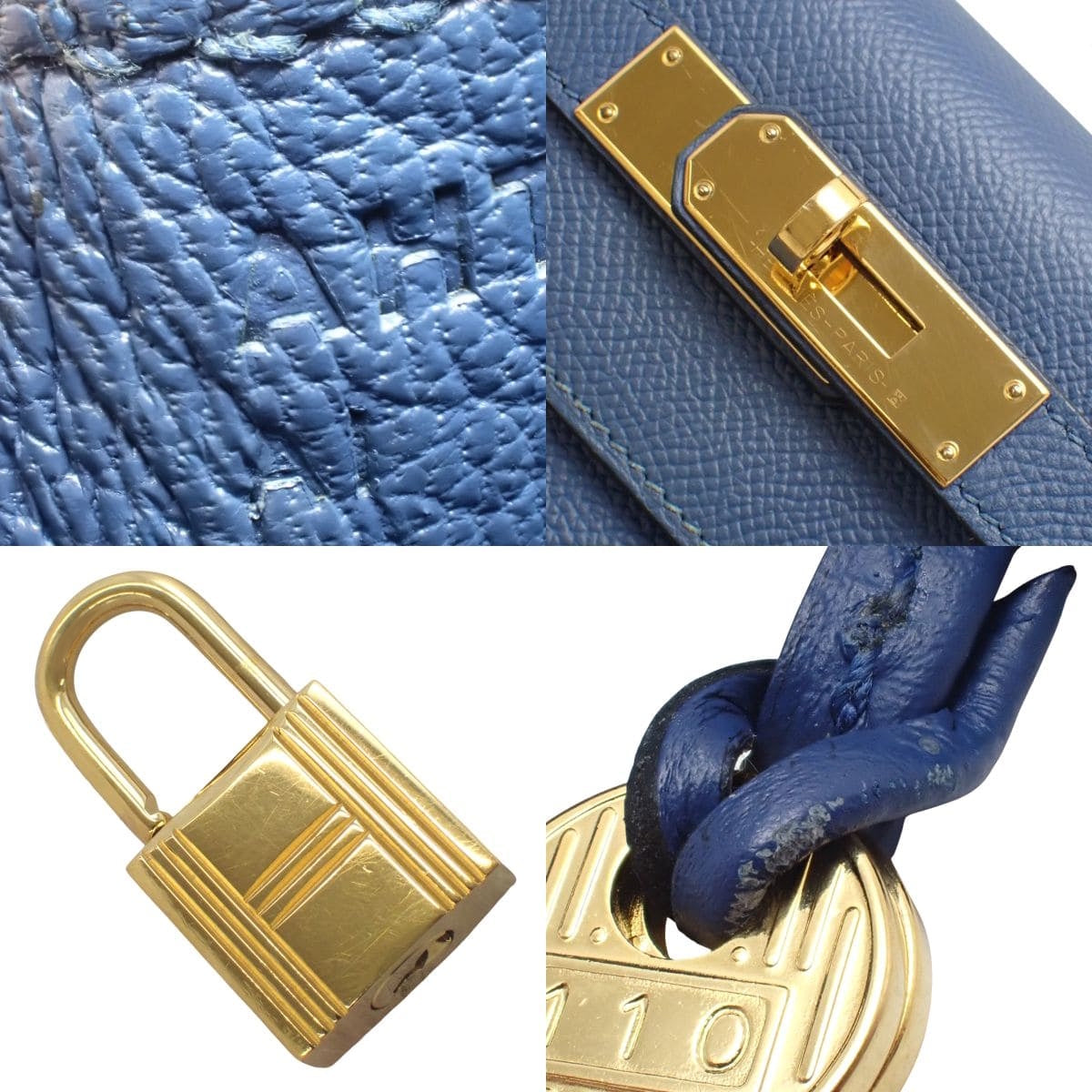 Kelly 32(外侧缝线)Epsom 皮革蓝色 Thalassa 包,配金色五金件,A 印章