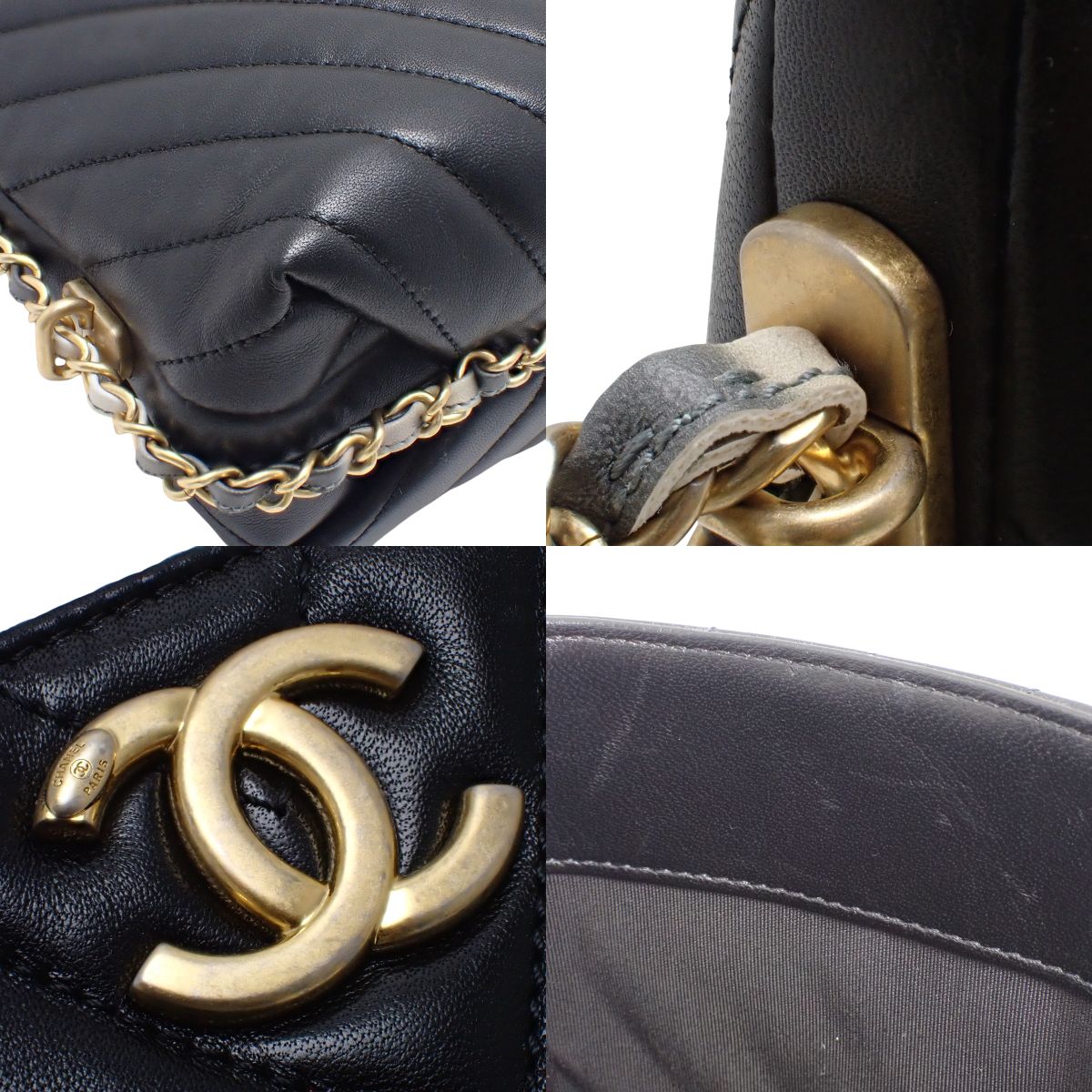 Vステッチ シェブロン チェーンショルダー レザー ブラック