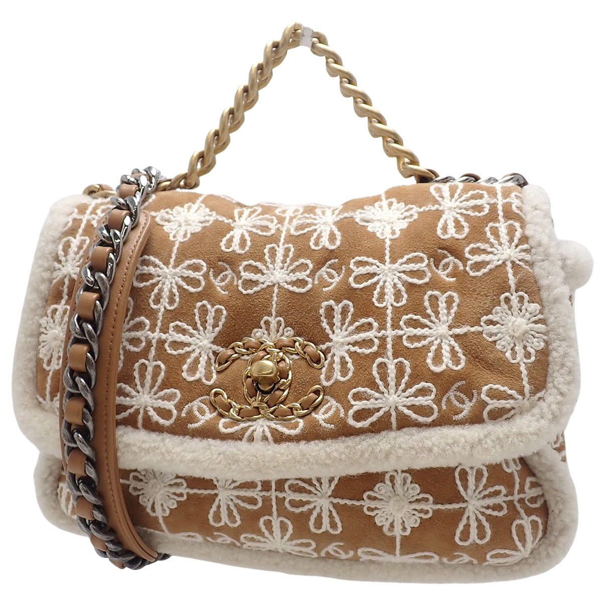 シャネル19 ココマーク チェーンショルダーバッグ スウェード/スエード ムートン ベージュ ホワイト