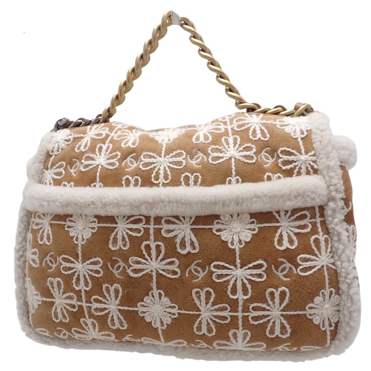Chanel 19 Coco Mark Chain Shoulder Bag Suede/Sheepskin Beige White