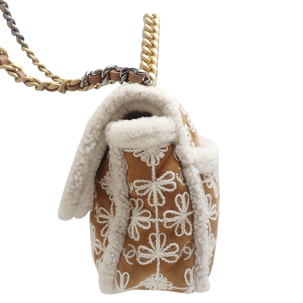 シャネル19 ココマーク チェーンショルダーバッグ スウェード/スエード ムートン ベージュ ホワイト