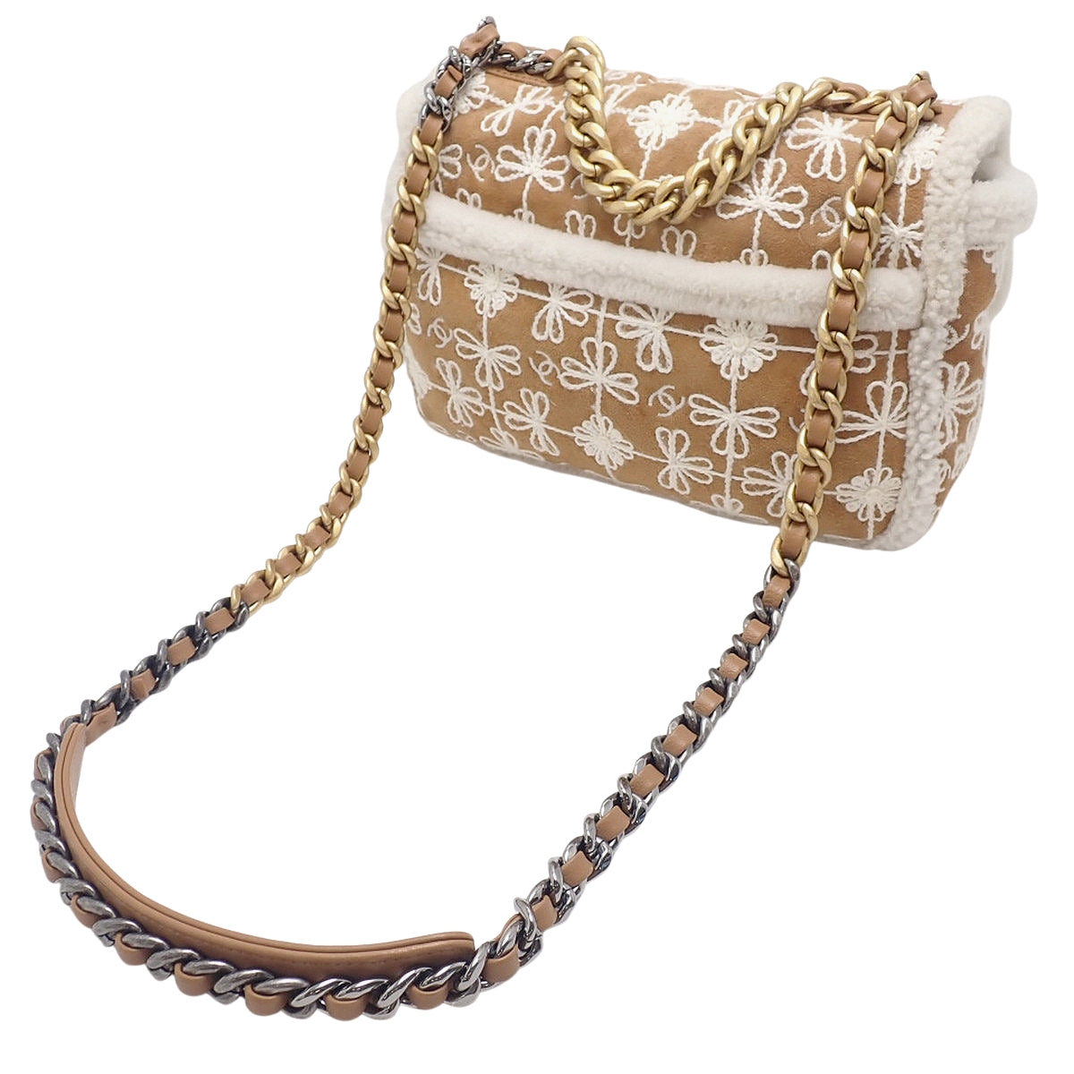 シャネル19 ココマーク チェーンショルダーバッグ スウェード/スエード ムートン ベージュ ホワイト