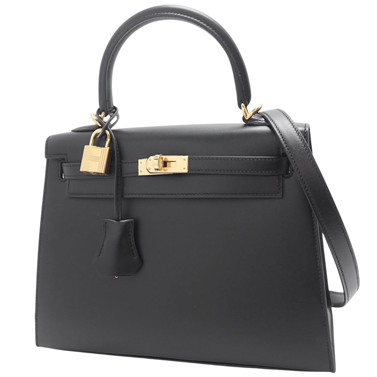 Kelly 25 (Outside Stitch) Box Calf Leather, Black, Gold Hardware, W Stamp