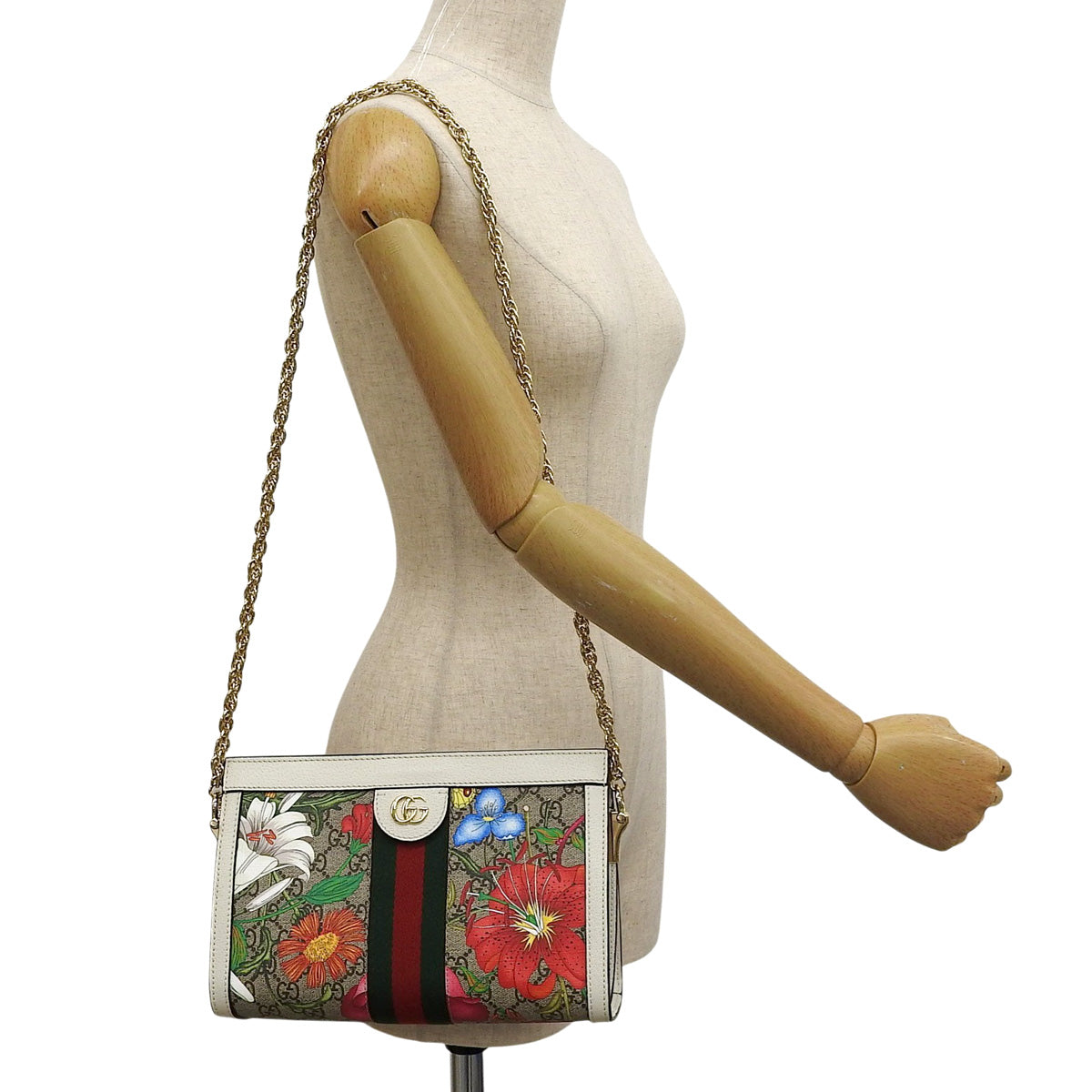Ophidia GG Flora Small Chain Shoulder Bag in White and Multicolor, 503877
