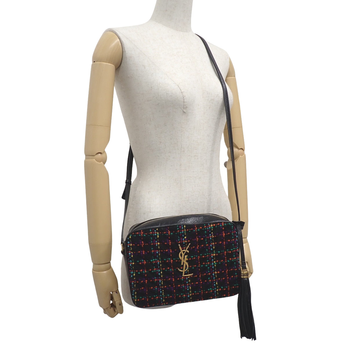 ルー カメラバッグ レザー ツイード ブラック マルチカラー