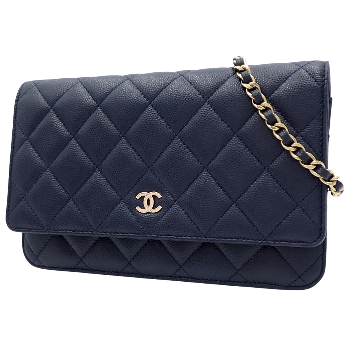 Matelasse Coco Mark Chain Wallet in Navy Caviar Leather AP0250