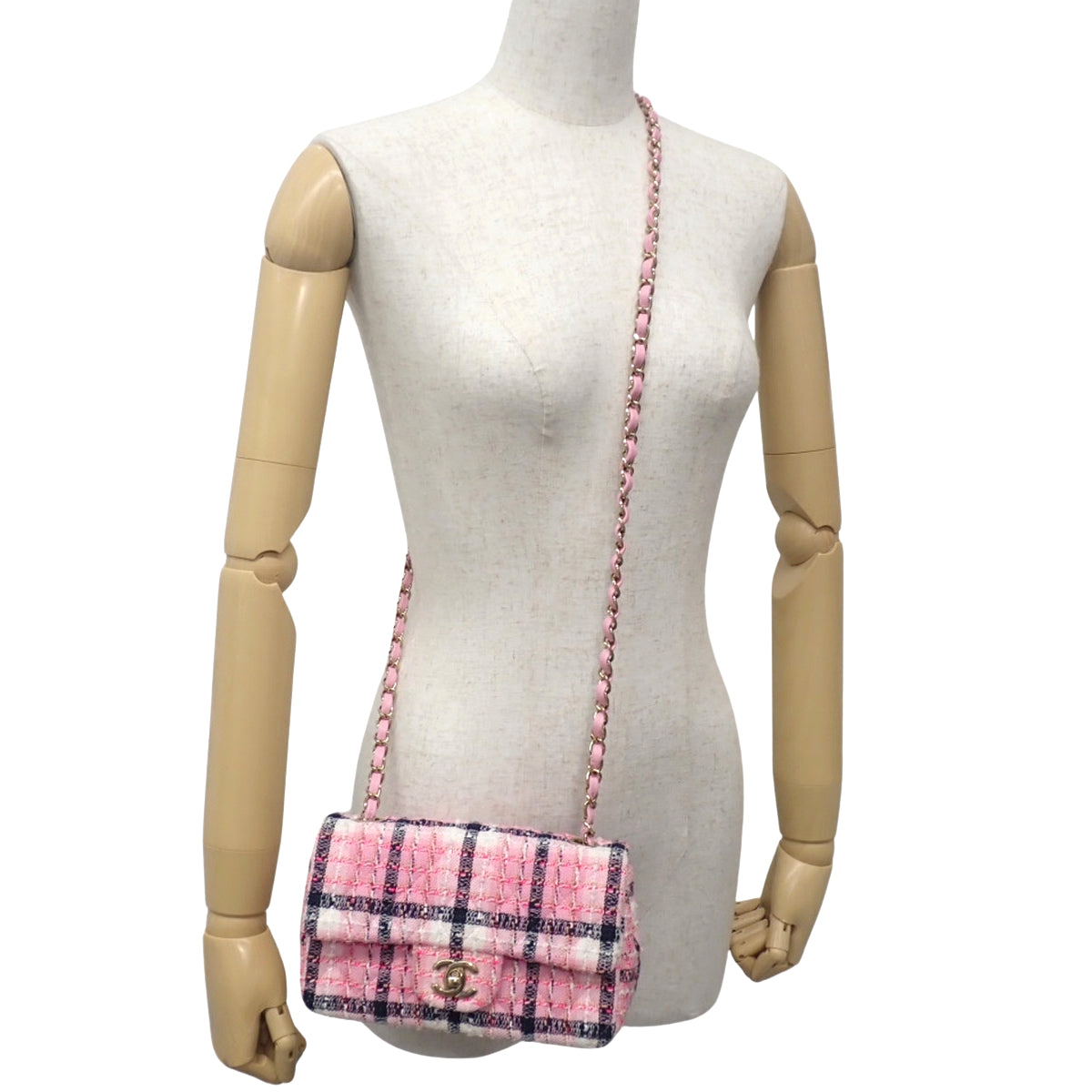 Coco Mark Chain Shoulder Bag Tweed Pink Matelasse 20