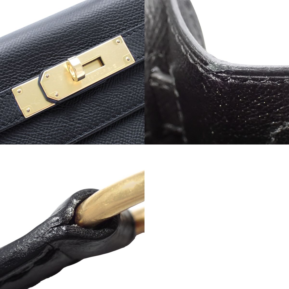 Kelly 28 (Outside Stitching) Veau Epsom Leather Black Gold Hardware A Stamp