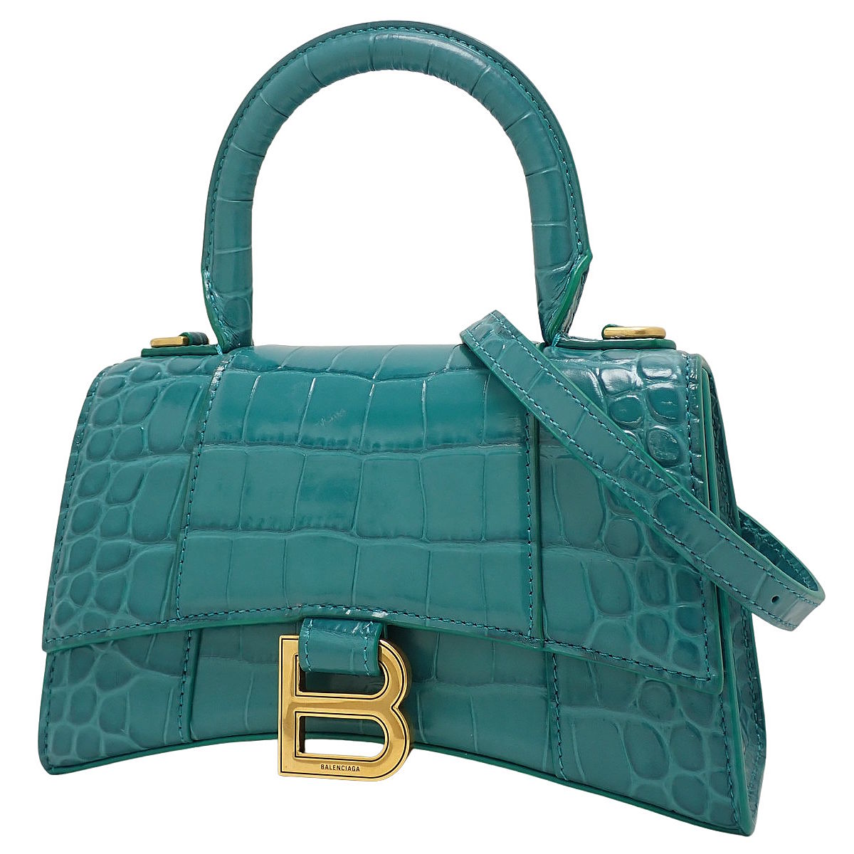 Hourglass Handbag XS in Crocodile-Embossed Turquoise Blue