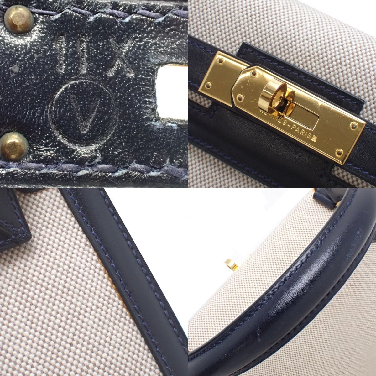 Kelly 28 Toile H Box Calf Leather, Blue Indigo, Gold Hardware, 〇V Stamp