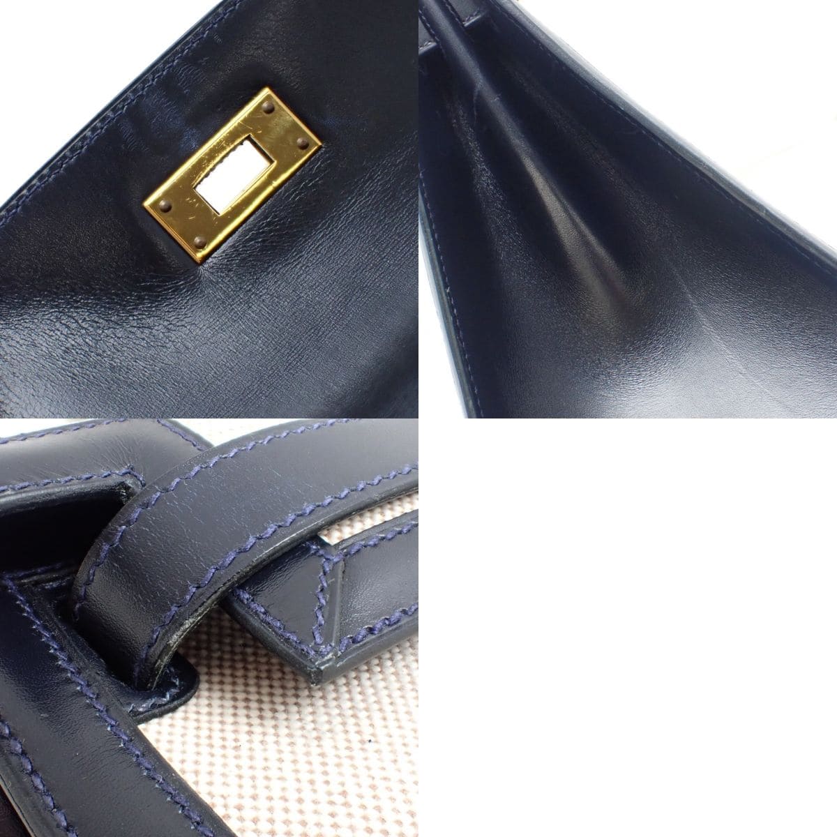 Kelly 28 Toile H Box Calf Leather, Blue Indigo, Gold Hardware, 〇V Stamp