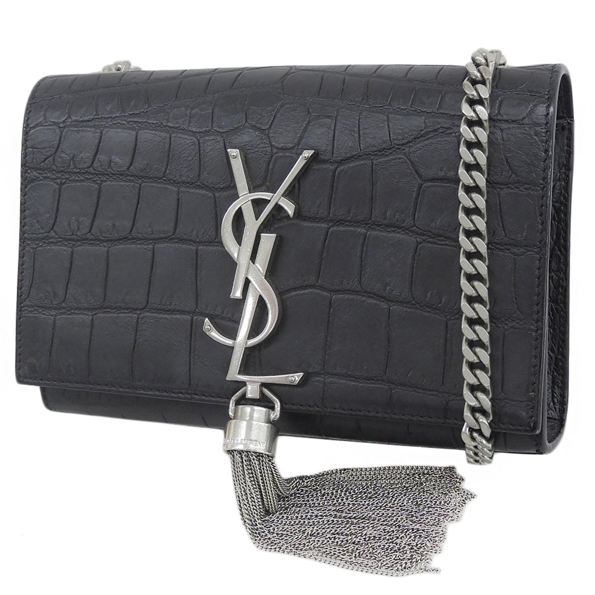 ケイト タッセル ミニ レザー ブラック クロコ型押し