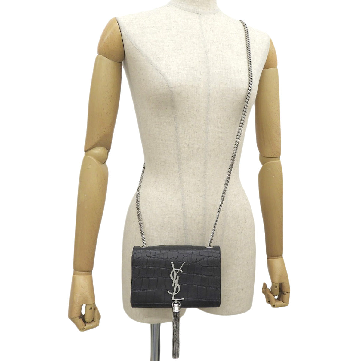 ケイト タッセル ミニ レザー ブラック クロコ型押し