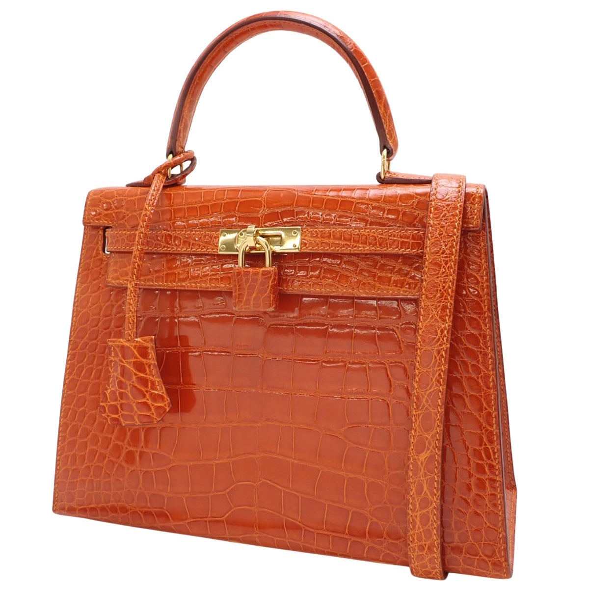 ケリー25 (外縫い) アリゲーター クロコダイル オレンジ ゴールド金具 □C刻印