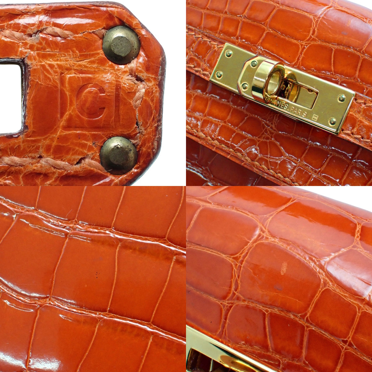 ケリー25 (外縫い) アリゲーター クロコダイル オレンジ ゴールド金具 □C刻印