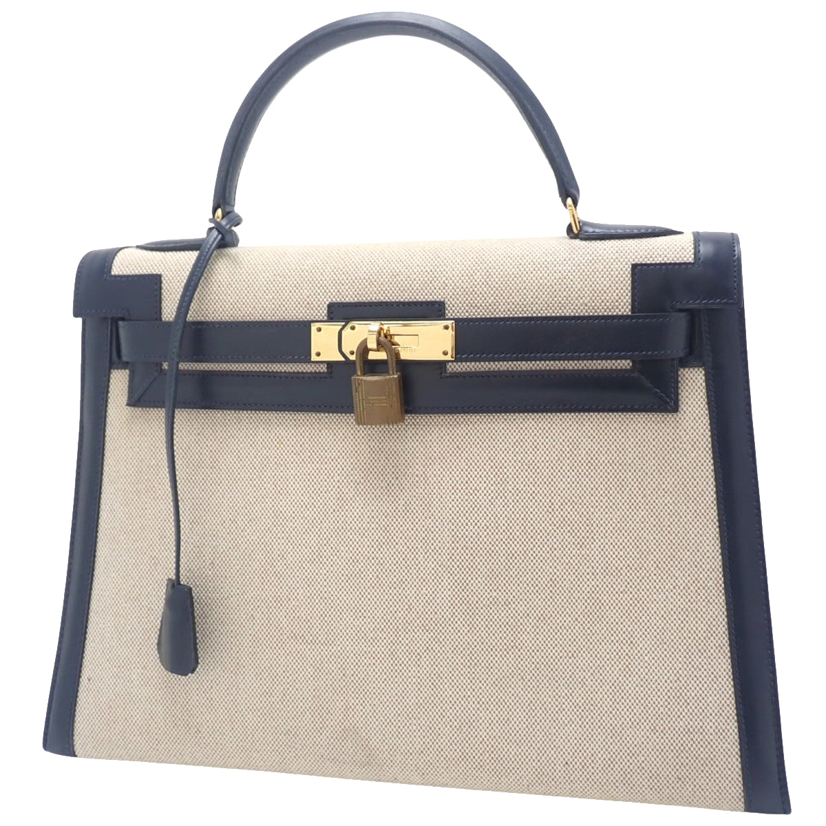 ケリー32 (外縫い) トワルアッシュ ボックスカーフ ベージュ ネイビー ゴールド金具 ○K刻印