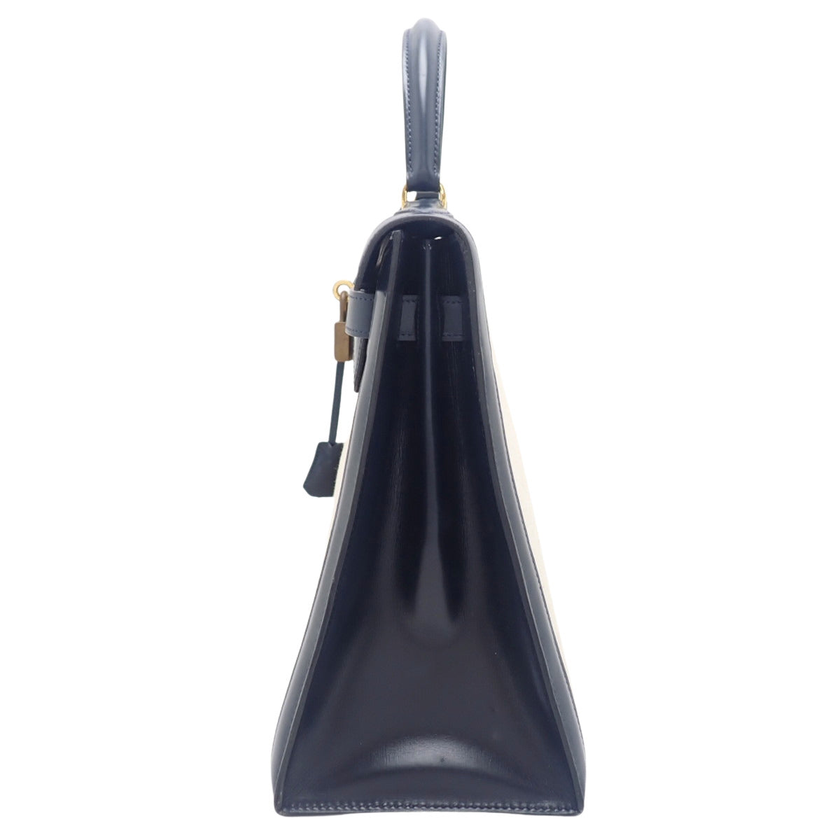 ケリー32 (外縫い) トワルアッシュ ボックスカーフ ベージュ ネイビー ゴールド金具 ○K刻印