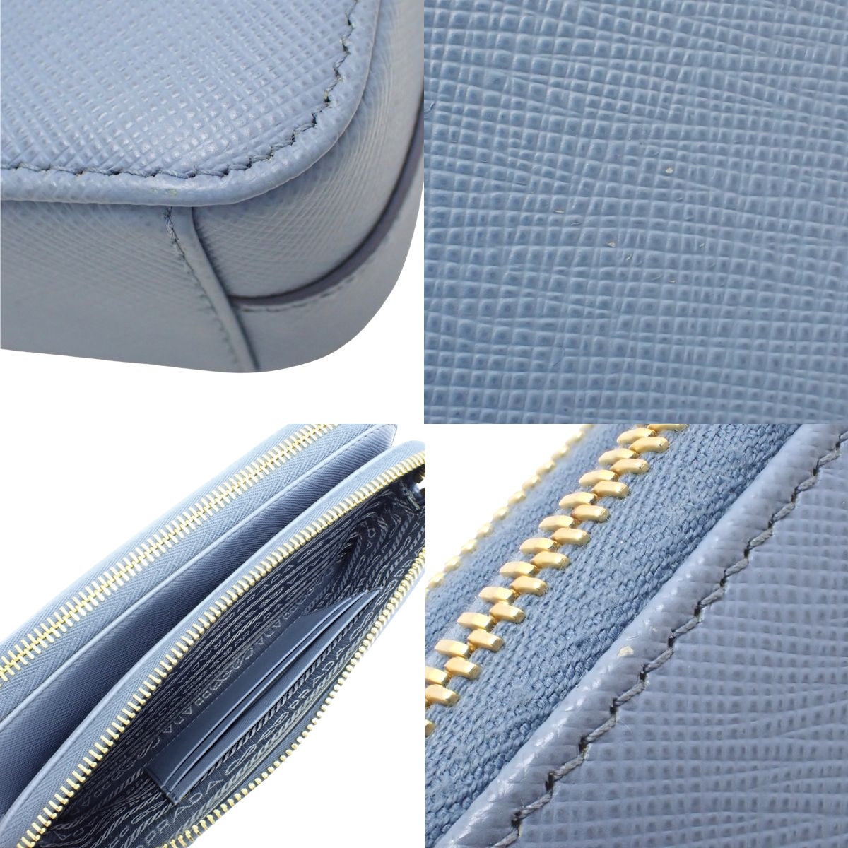 Triangle Logo Chain Wallet Saffiano Leather Light Blue 1DH010