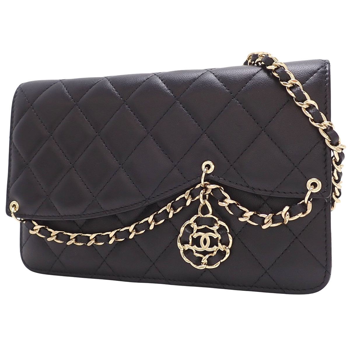 マトラッセ ココマーク チャーム付き チェーンウォレット ラムスキン ブラック