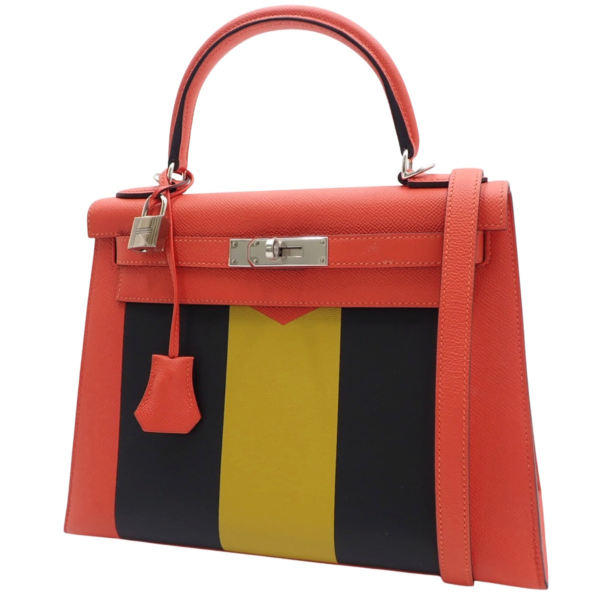 ケリー28 レターM (外縫い) エプソン ソンブレロ シェーブル・ミゾール カプシーヌ/ジョーヌアンブル/ブルーオブスキュール シルバー金具 C刻