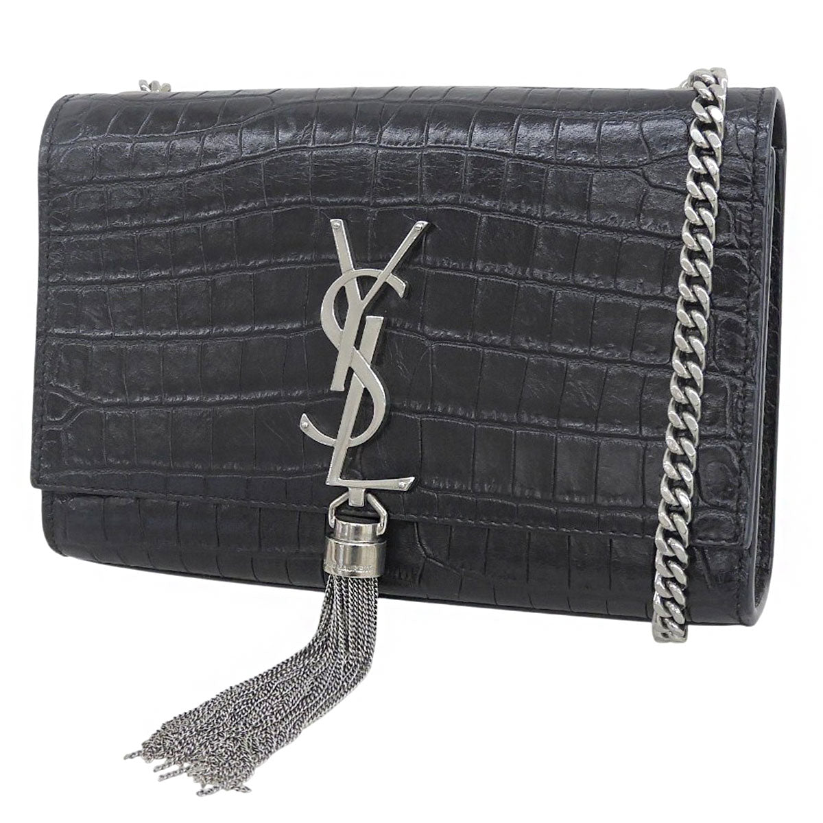 ケイト タッセル ミニ チェーンショルダーバッグ クロコ型押しレザー ブラック 474366