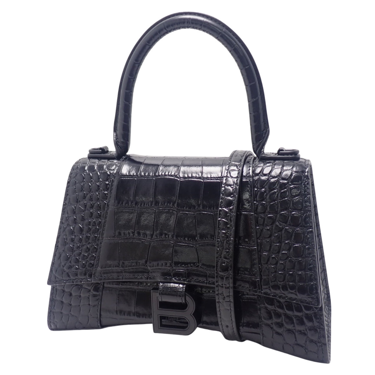 HOURGLASS HANDBAG SMALL in black crocodile embossed shiny calfskin