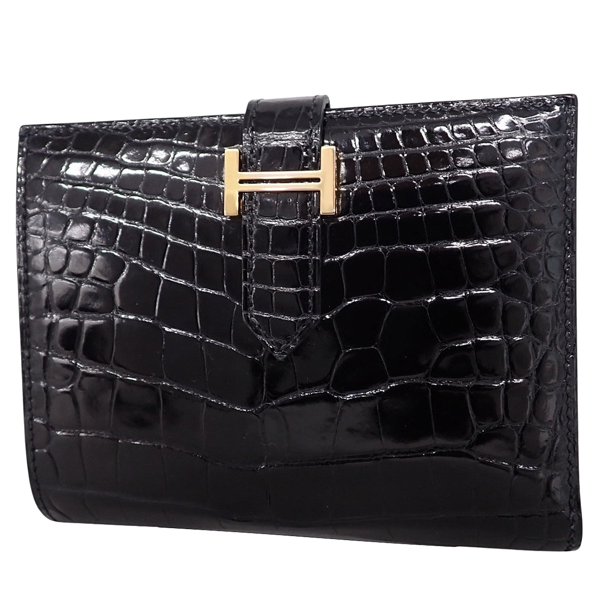 Bearn Compact Alligator Crocodile Black Gold Hardware C stamp
