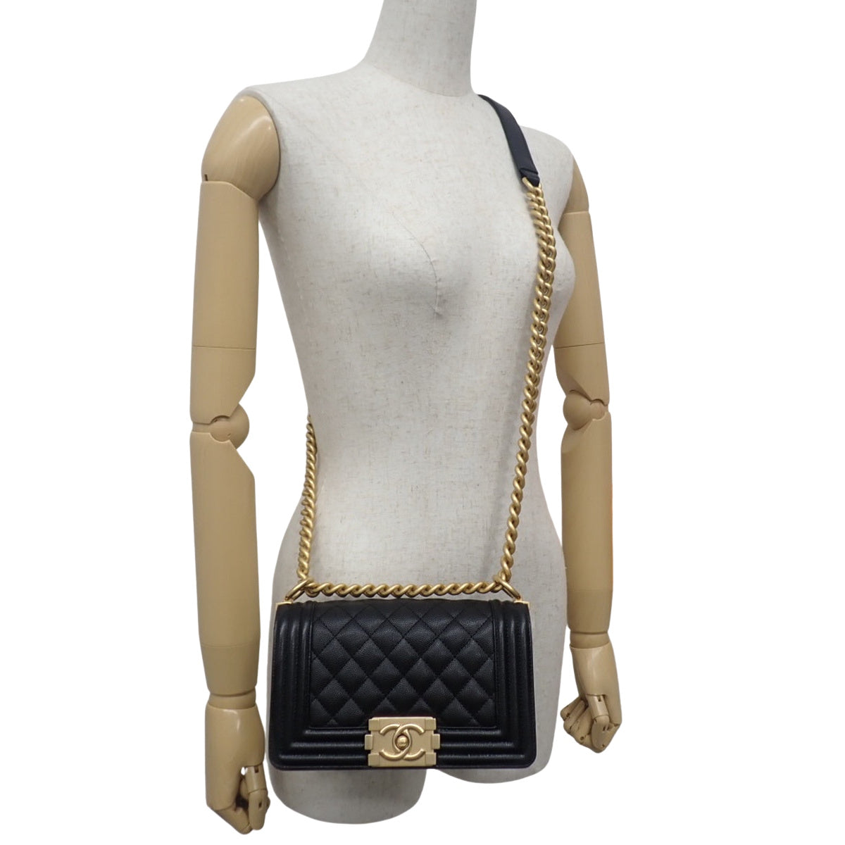 BOY CHANEL Coco Mark Small Chain Shoulder Bag Caviar Skin Black
