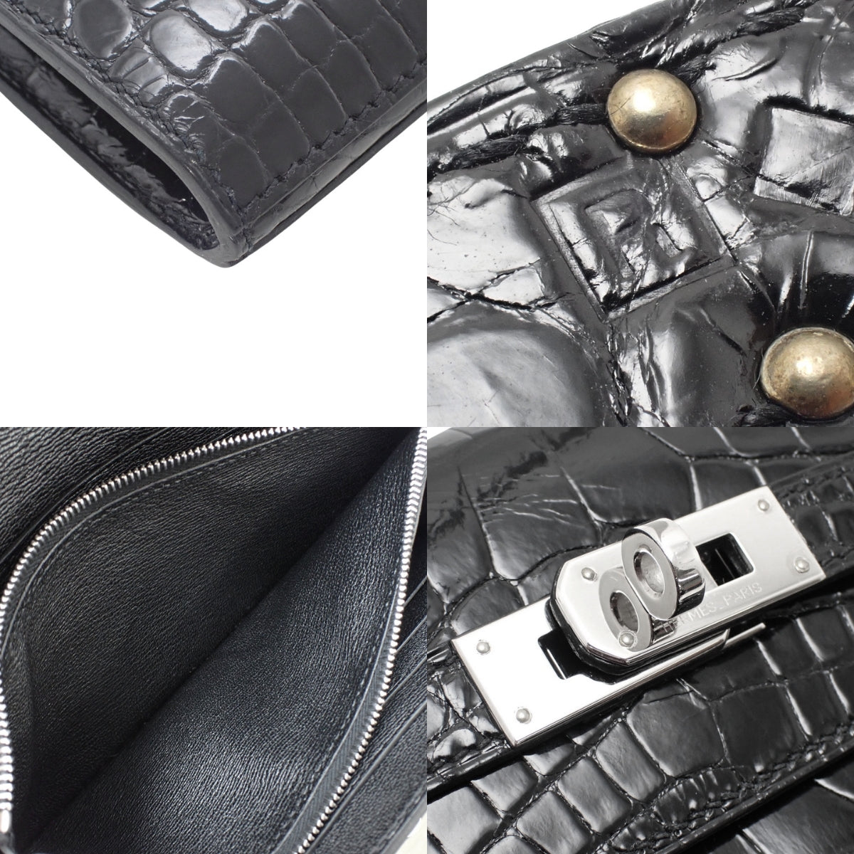 Kelly钱包 长款 鳄鱼皮 黑色 银色五金 □R刻印
