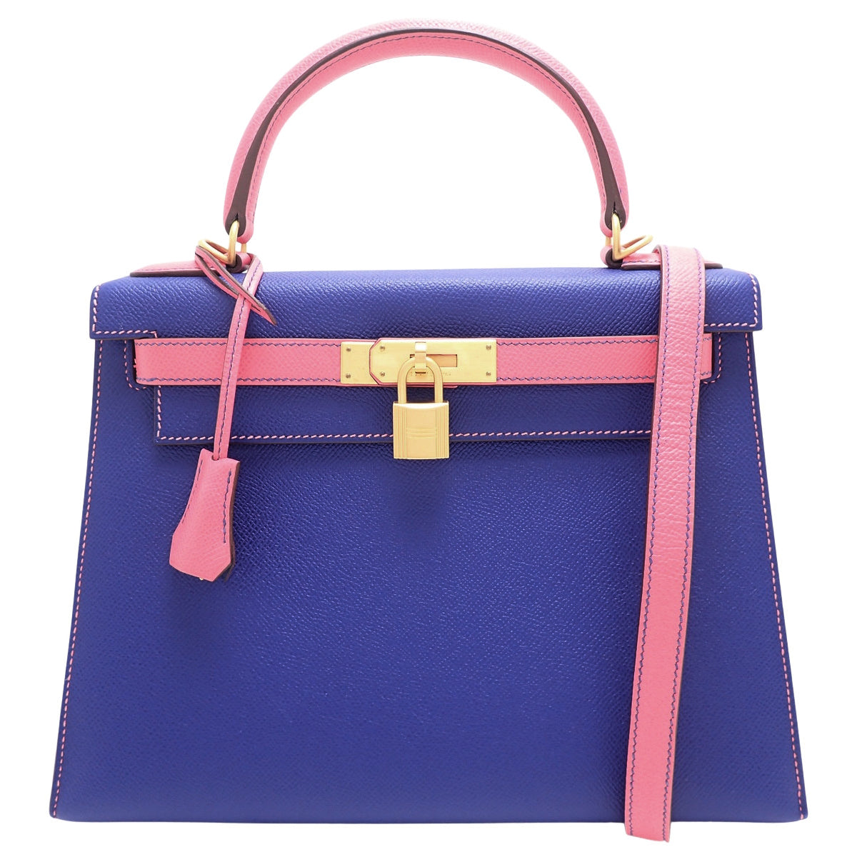 Kelly 28 (Sellier) Epsom leather Bleu Electrique Rose Azalee GHW A stamp