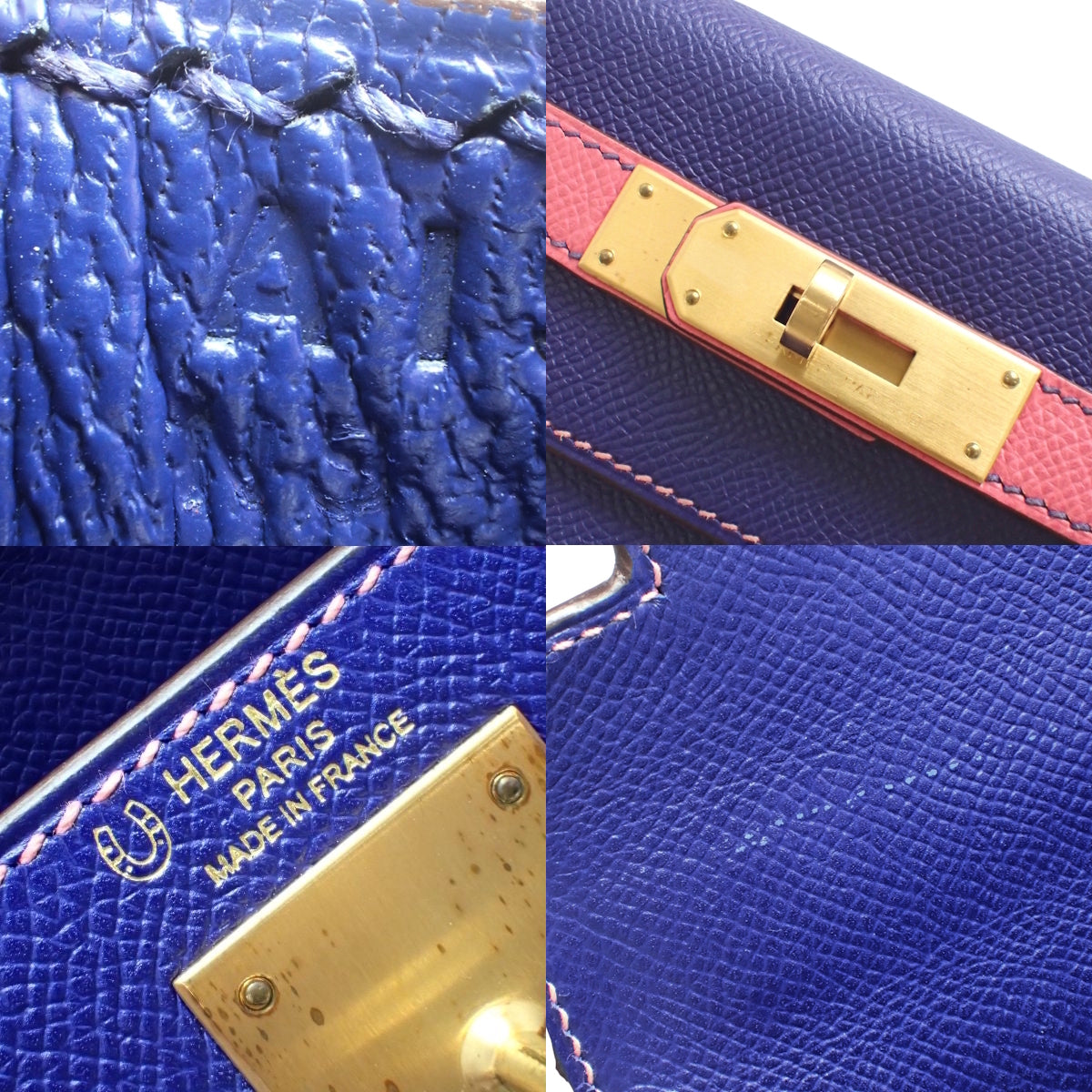 Kelly 28 (Sellier) Epsom leather Bleu Electrique Rose Azalee GHW A stamp