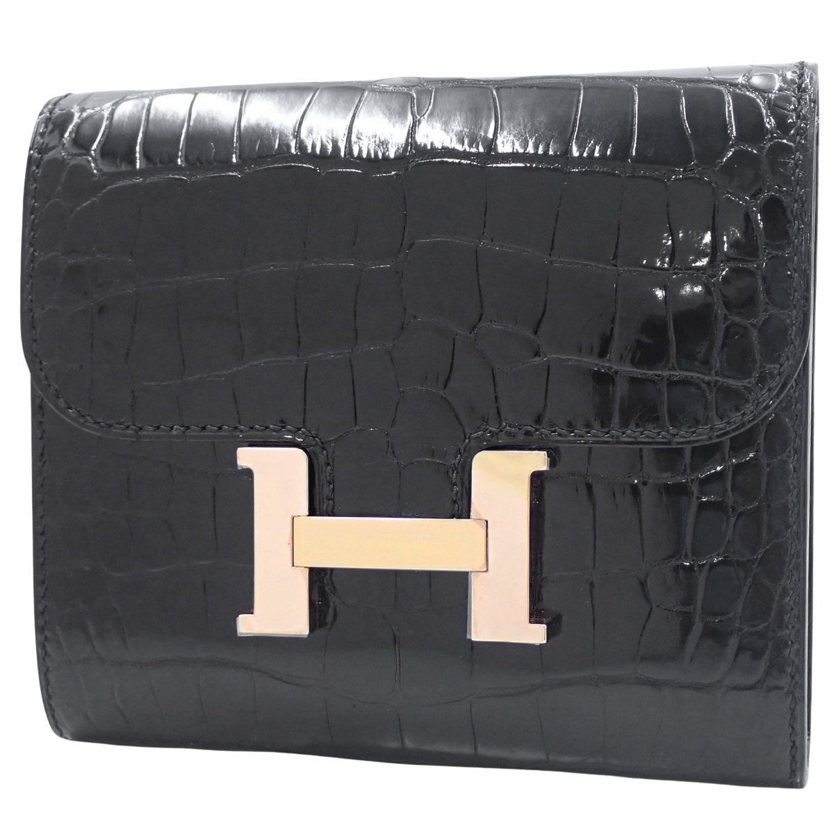 Constance Compact Alligator Crocodile Black Pink Gold Hardware C Engraved