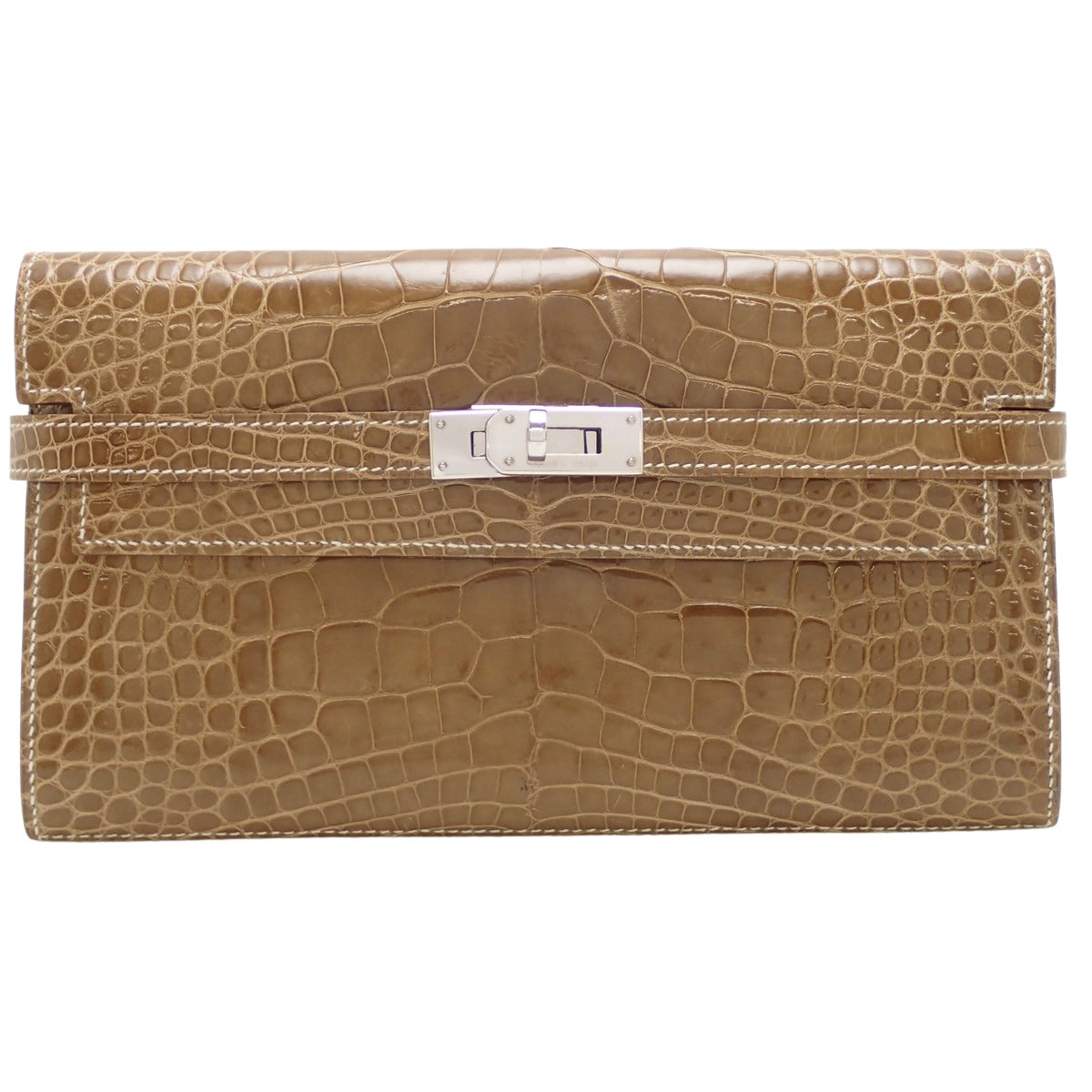 Kelly Wallet Long Alligator Crocodile Palladium Hardware Tabac Camel Silver Hardware C stamp