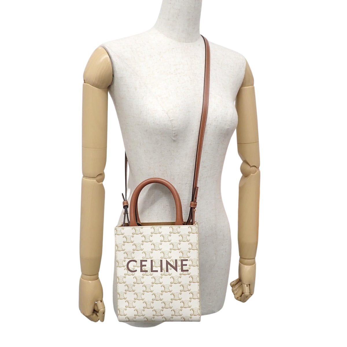 Mini Vertical Cabas in Calfskin and Triomphe Canvas - White / Brown - 194372BZK.01BC