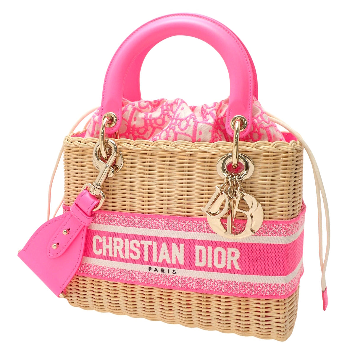 Cannage Lady Dior Medium Rattan Canvas Wicker Pink Beige