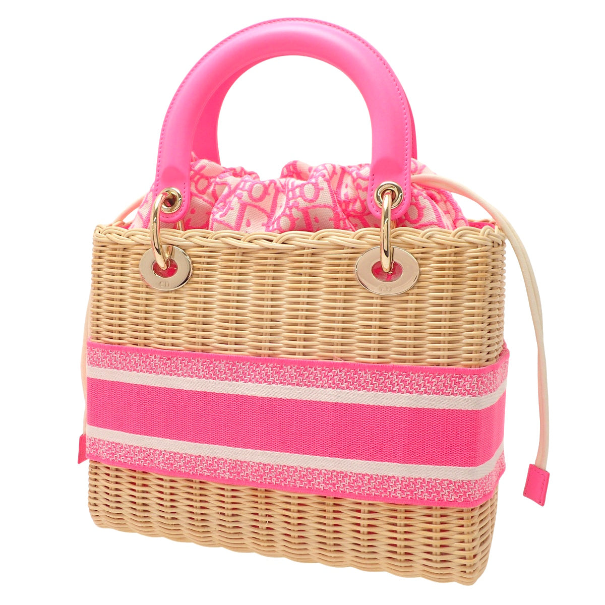 Cannage Lady Dior Medium Rattan Canvas Wicker Pink Beige