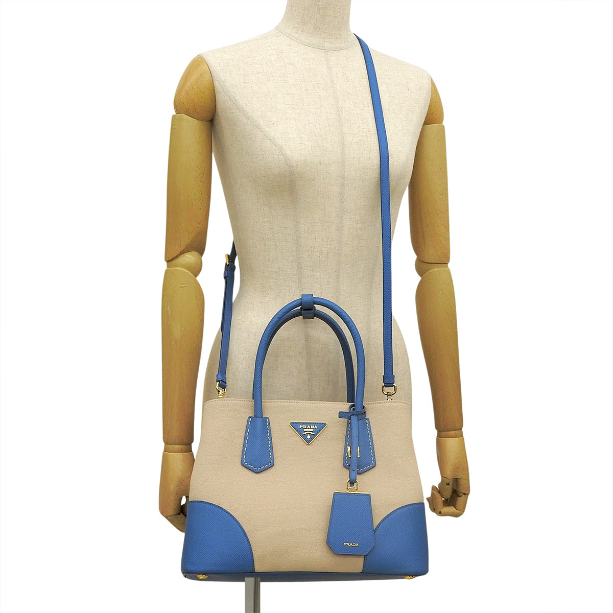 2WAY Bag Canvas Saffiano Leather Beige Blue BN288