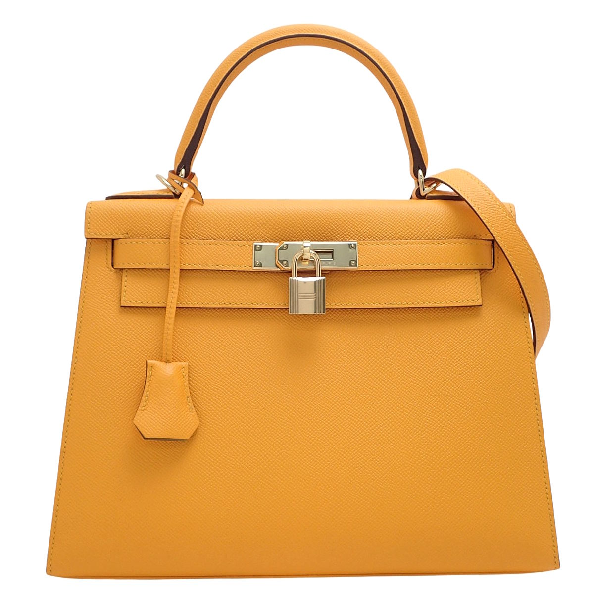 Kelly 28 (Sellier) Veau Epsom Jaune d'Or Tabac Camel Champagne Gold Hardware A Stamp