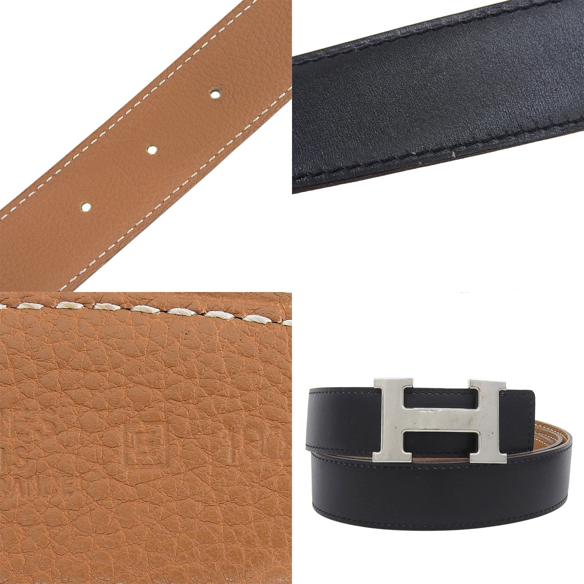 Constance H belt reversible 100 Box Calf Togo Palladium hardware Black/Gold □E stamp