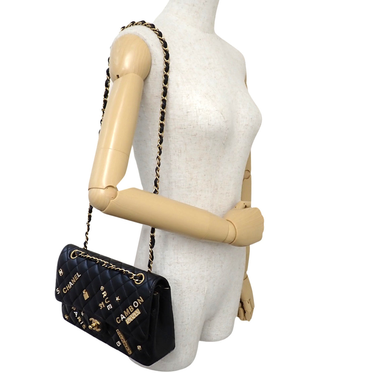 CHANEL Matelassé CC Logo W Flap 25 Chain Shoulder Bag Lambskin Black A01112