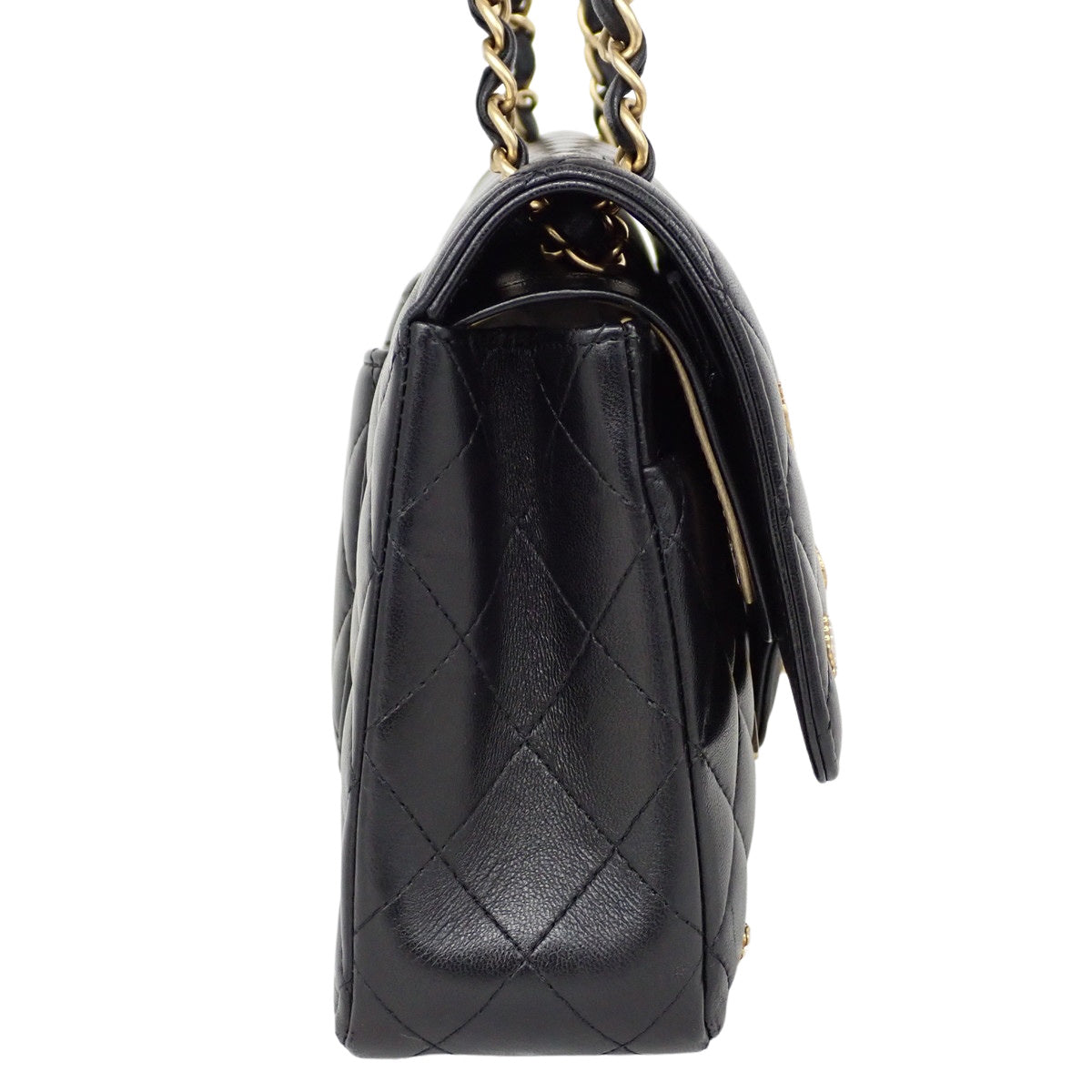 CHANEL Matelassé CC Logo W Flap 25 Chain Shoulder Bag Lambskin Black A01112