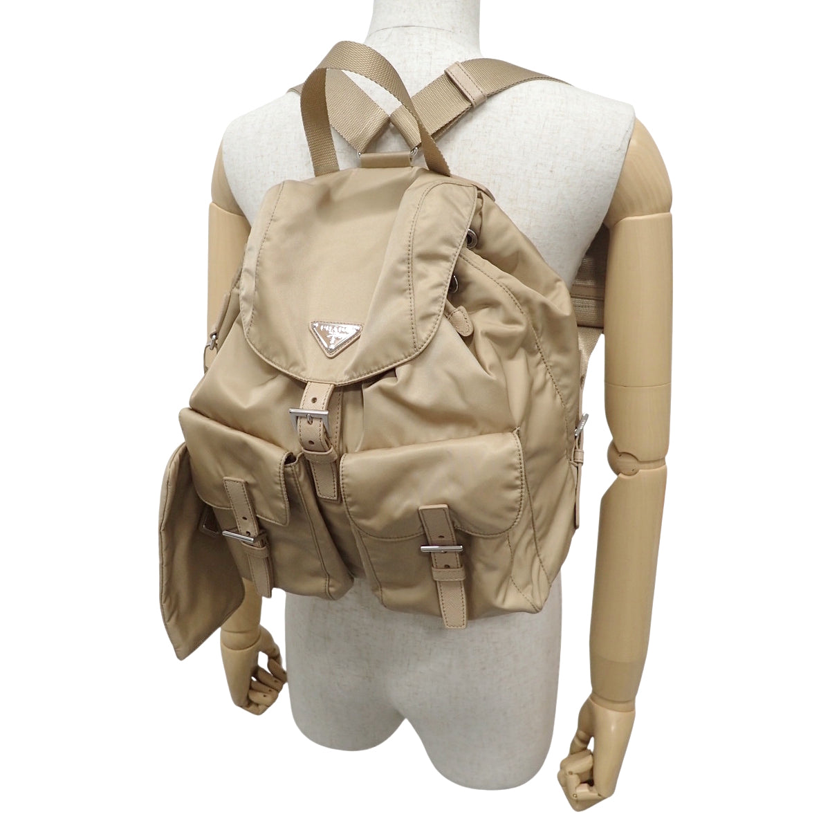 Medium Re-Nylon backpack with pouch, nylon, Saffiano leather, Desert Beige 1BZ811_RV44_F0F24_V_OTO