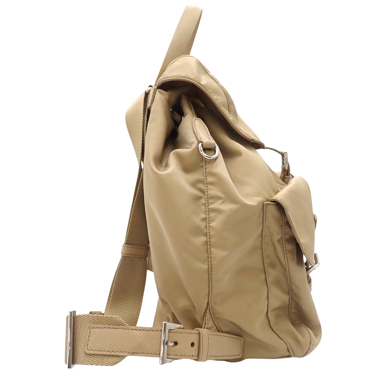 Medium Re-Nylon backpack with pouch, nylon, Saffiano leather, Desert Beige 1BZ811_RV44_F0F24_V_OTO