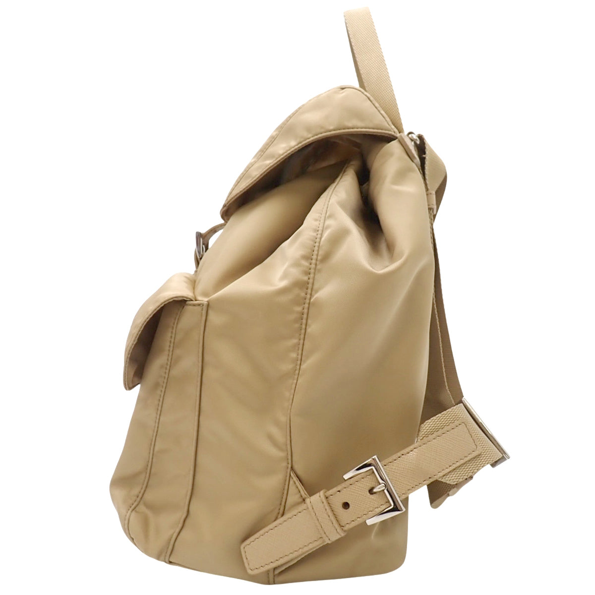 Medium Re-Nylon backpack with pouch, nylon, Saffiano leather, Desert Beige 1BZ811_RV44_F0F24_V_OTO