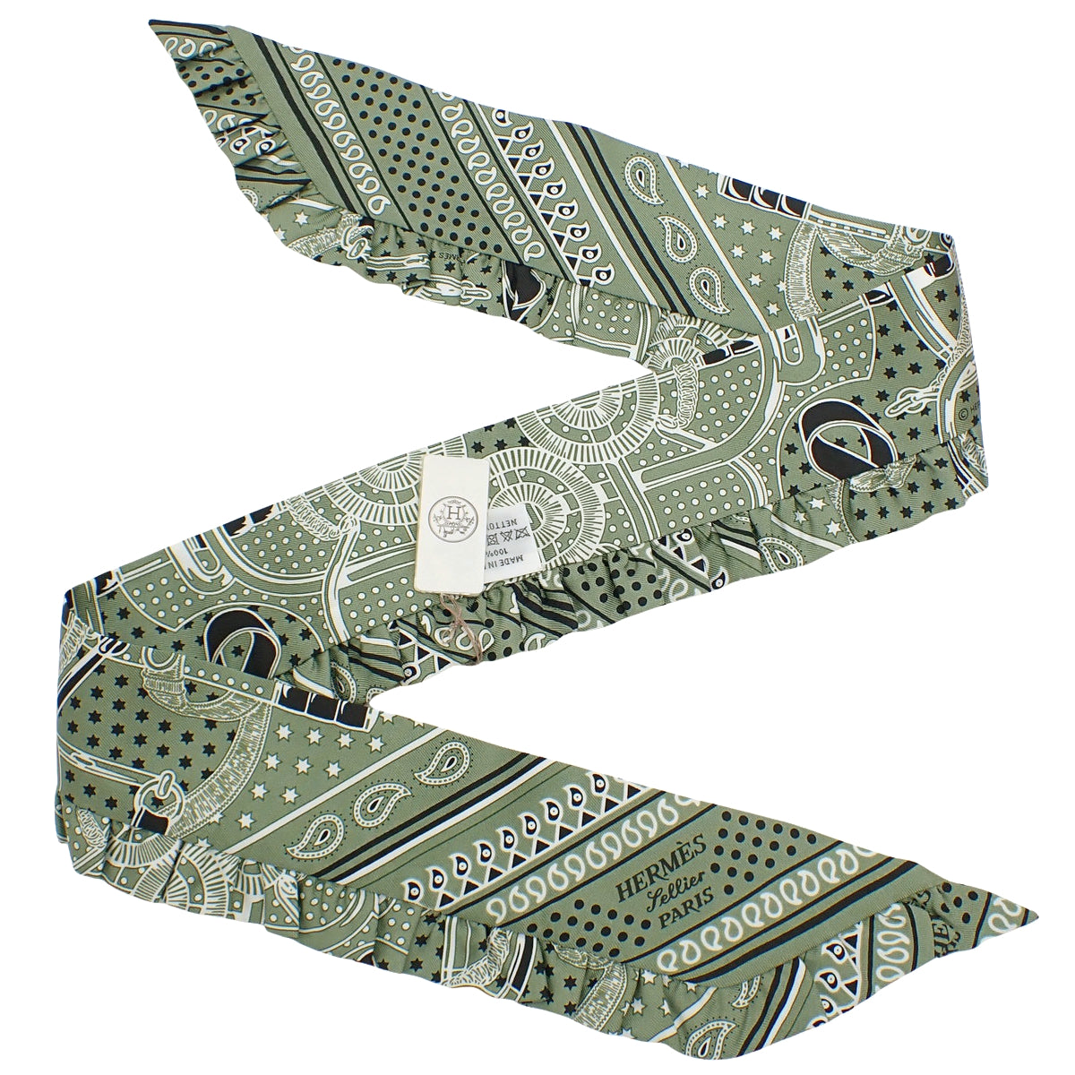 【Brand New】Eperon d'Or Bandana Twilly Frill Silk Sage Noir Blanc H852978S 08