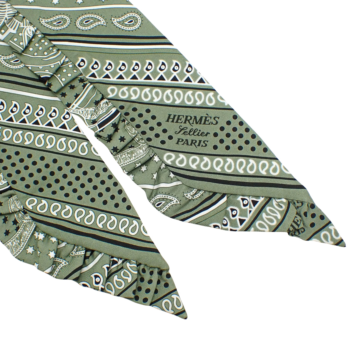 【Brand New】Eperon d'Or Bandana Twilly Frill Silk Sage Noir Blanc H852978S 08