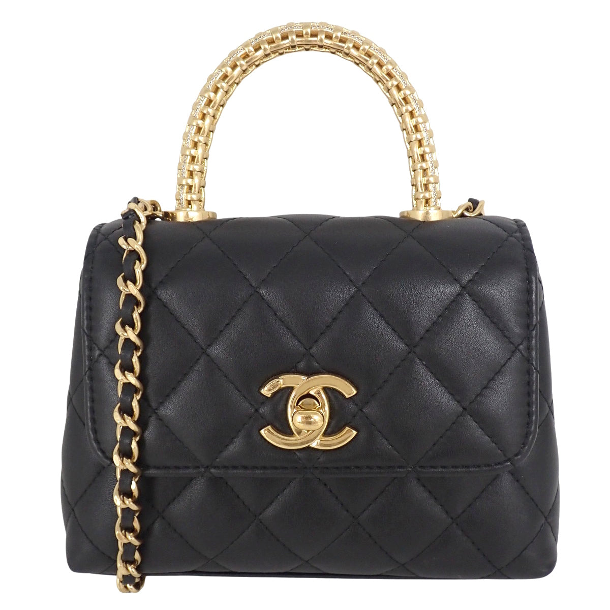 Matelassé Métiers d'Art Limited Strass Coco Handle Chain Shoulder Bag Lambskin Black AS2215