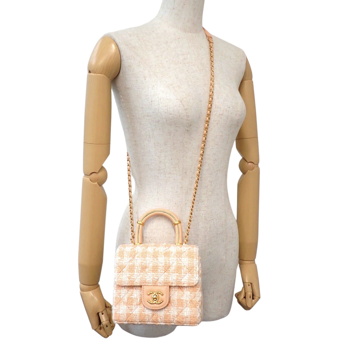 Matelassé Top Handle Coco Mark Mini Chain Shoulder Bag Tweed Leather Pink Ivory AS4035