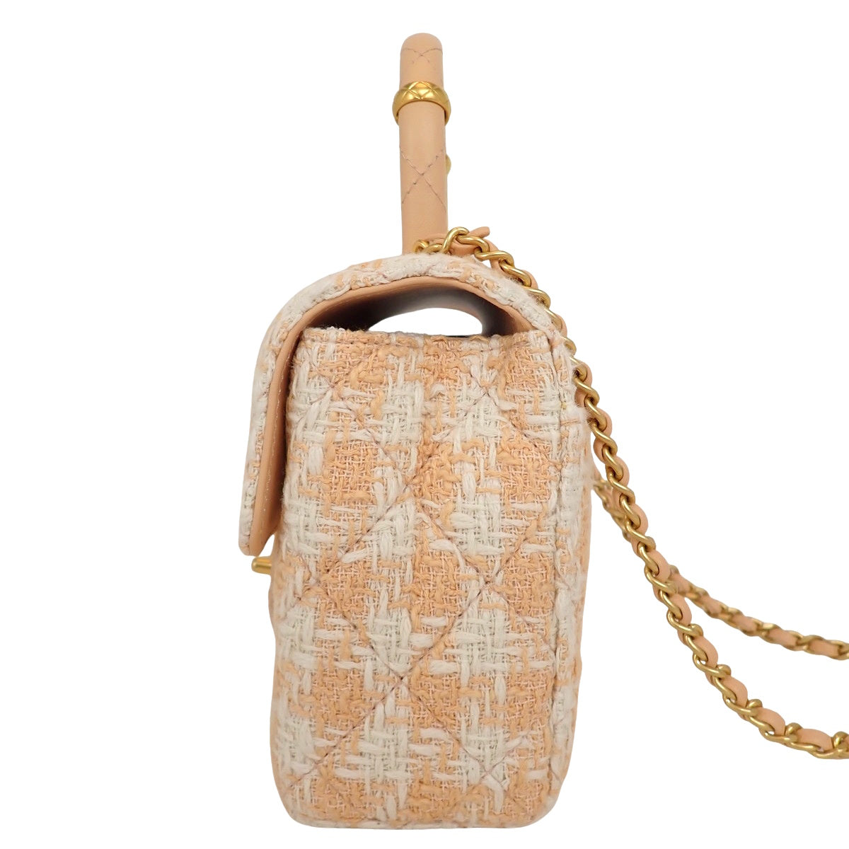 Matelassé Top Handle Coco Mark Mini Chain Shoulder Bag Tweed Leather Pink Ivory AS4035